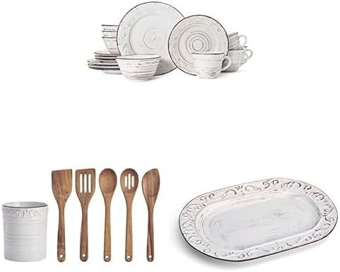 Pfaltzgraff Trellis White 16-Piece Dinnerware,Crock, and Serving Platter Set