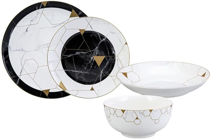 Karaca Blue Gem Porcelain Dinner Service Set for 6 People – 24-Piece Dinnerware Set with Plate and Bowl Set, Round Dinnerware Set, Black, White & Gold Dinner Set