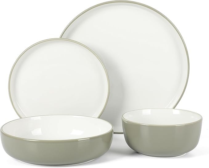 Sur La Table Kitchen Essentials 16 Piece Two-Tone Porcelain Chip and Scratch Resistant Dinnerware Plates and Bowls Set – Grey/White