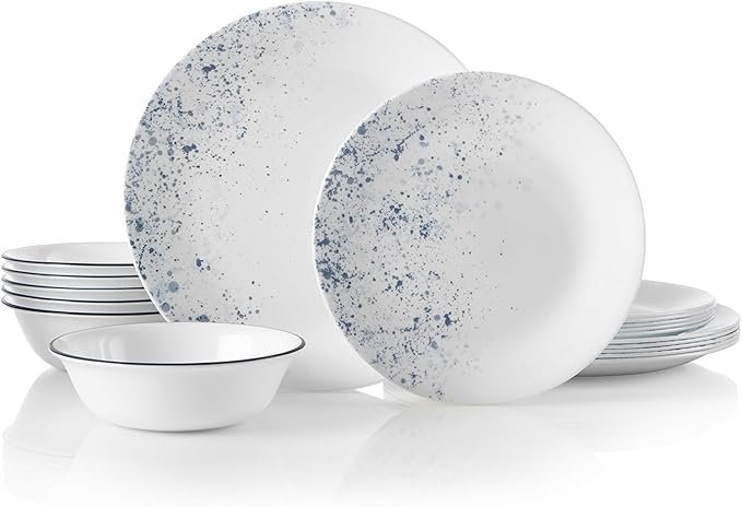 Corelle Vitrelle 18-Piece Service for 6 Dinnerware Set, Triple Layer Glass and Chip Resistant, Lightweight Round Plates and Bowls Set, Indigo Speckle