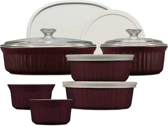 CorningWare Ceramic Bakeware Set with Lids, Chip and Crack Resistant Stoneware Baking Dish, Microwave, Dishwasher, Oven, Freezer and Fridge Safe, 12-Piece French Cabernet