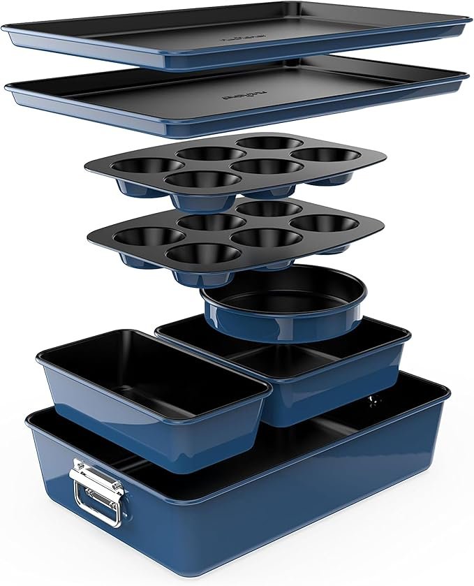 NutriChef 8-Piece Nonstick Stackable Bakeware Set – PFOA, PFOS, PTFE Free Baking Tray Set w/Non-Stick Coating, 450°F Oven Safe, Round Cake, Loaf, Muffin, Wide/Square Pans, Cookie Sheet (Blue)