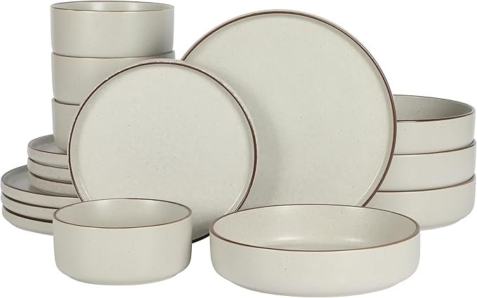 Roll over image to zoom in        Gibson Elite Gelston Stoneware Matte Reactive Glaze 16 Piece (Service for 4) Plates and Bowl Dinnerware Set – Cream