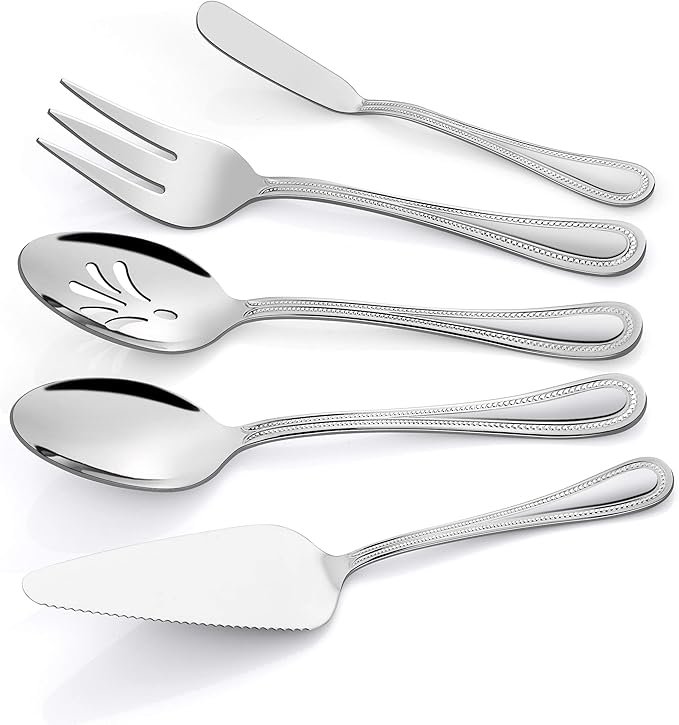 Serving Utensils, HaWare Stainless Steel Silverware Serving Set 5 Pieces, Pearled Edge Hostess Serving Set for Buffet Party Kitchen Restaurant, Mirror Finished & Dishwasher Safe