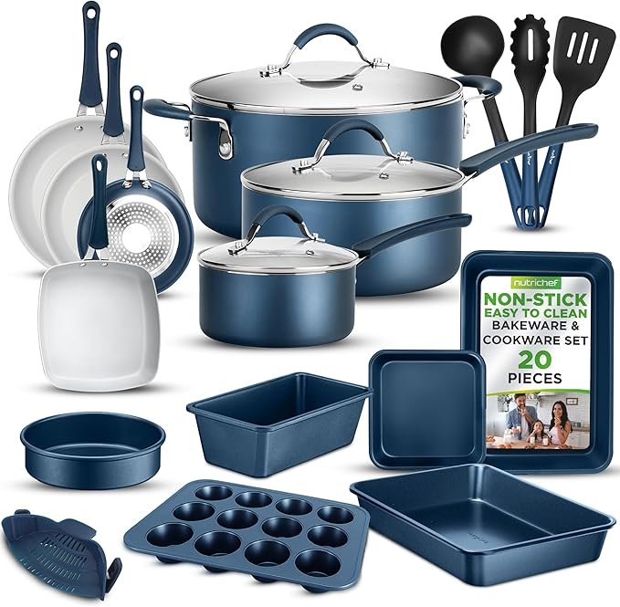 NutriChef Professional 20 Pc Kitchen Set in Navy Blue – Durable Non-Stick Pots and Pans with Bakeware Set, Compatible with Any Cooktop, Easy Clean, Cool-Touch Handles